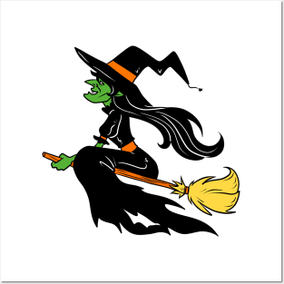 Green Skin Black Haired Witch on Broom Stick Posters and Art